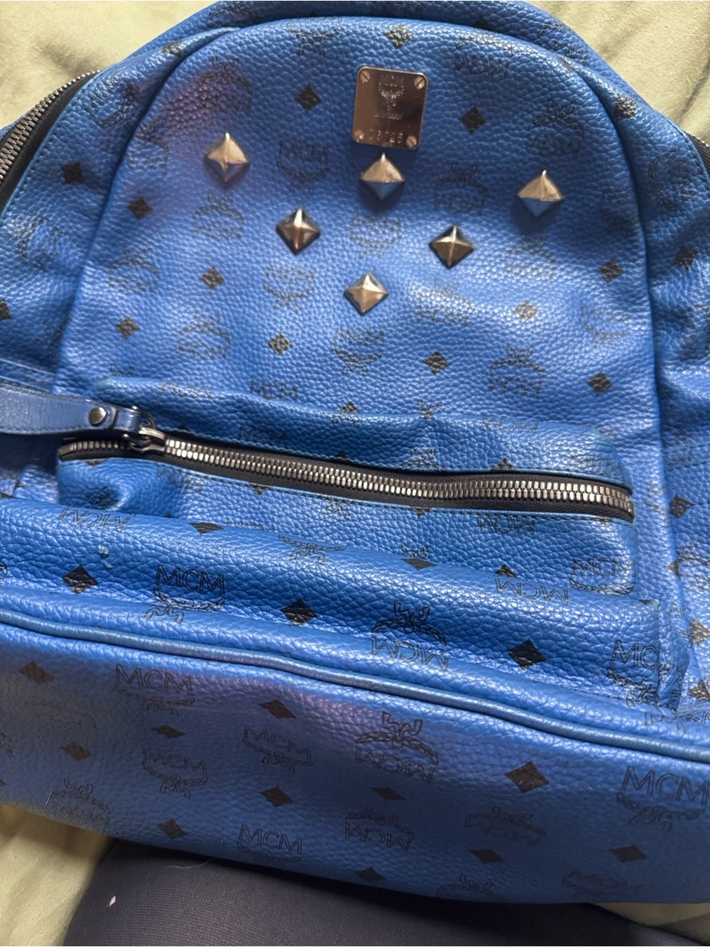 MCM Blue Studded Logo Mini Backpack